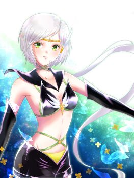 Rule 34 | 1girl, bishoujo senshi sailor moon, bishoujo senshi sailor moon stars, black gloves, black sailor collar, bra, breasts, brooch, circlet, cleavage, commentary request, detached collar, earrings, elbow gloves, gloves, green eyes, headset, highres, jewelry, lips, long hair, looking at viewer, medium breasts, midriff, navel, ponytail, sailor collar, sailor star healer, shiiba itsuki, shorts, smile, solo, star (symbol), star brooch, star earrings, underwear, white hair, yaten kou