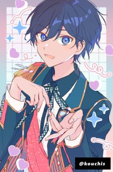 1boy artist_name black_jacket blue_eyes blue_hair bow commentary ensemble_stars! hair_between_eyes heart hidaka_hokuto jacket long_sleeves looking_at_viewer lower_teeth_only male_focus mym open_mouth outstretched_hand plaid_bow red_sash sash short_hair smile solo symbol-only_commentary teeth upper_body