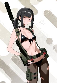 1girl absurdres belt bikini black_bikini black_choker black_hair breasts choker collarbone cosplay cowboy_shot explosive gloves grenade grey_eyes gun halloween_costume highres holster metal_gear_(series) metal_gear_solid metal_gear_solid_v:_the_phantom_pain nintendo otokakoto pantyhose parted_lips pokemon pokemon_sm ponytail quiet_(metal_gear) quiet_(metal_gear)_(cosplay) rifle scope selene_(pokemon) short_ponytail sidelocks small_breasts sniper_rifle solo swimsuit thigh_holster torn_clothes torn_pantyhose weapon weapon_on_back
