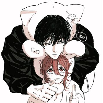 2boys akim0tion angel_devil_(chainsaw_man) animal_hat chainsaw_man commentary eating food food_on_face hair_between_eyes hat hayakawa_aki highres korean_text long_sleeves looking_at_another male_focus multiple_boys short_hair simple_background size_difference speech_bubble symbol-only_commentary translation_request white_background wiping_face yaoi