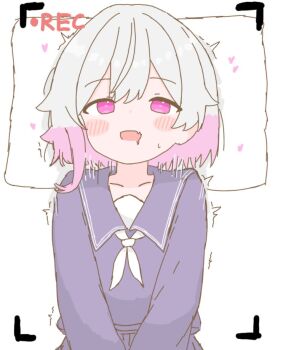 1girl blue_serafuku heart heart-shaped_pupils hetero implied_sex loli long_sleeves mahou_shoujo_no_majo_saiban motion_lines multicolored_hair neckerchief pale_skin pink_eyes pink_hair recording sakuraba_ema school_uniform serafuku sex shaking short_hair simple_background symbol-shaped_pupils tabedesuyo two-tone_hair white_background white_hair white_neckerchief