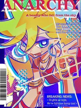 1girl absurdres blonde_hair blue_eyes bracelet cover dress earrings gold_necklace highres hoop_earrings jewelry magazine_cover meroo_art naughty_face necklace panty_&amp;_stocking_with_garterbelt panty_(psg) red_dress red_nails tongue tongue_out