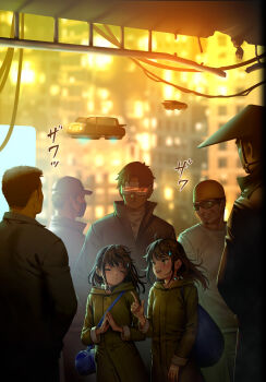 Rule 34 | as109, black hair, brown hair, city, commentary request, crowd, cyberpunk, hat, highres, long sleeves, medium hair, multiple boys, multiple girls, original, short hair, twintails