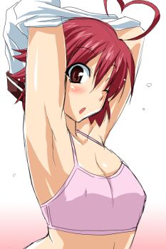 1girl ahoge aino_heart aq_interactive arcana_heart armpits arms_behind_head arms_up atlus blush breasts examu heart heart_ahoge highres looking_at_viewer one_eye_closed open_mouth pink_hair red_eyes red_hair school_uniform short_hair small_breasts solo sports_bra tank_top undressing utamaro