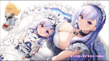 2girls apron artist_name azur_lane azur_lane:_slow_ahead belfast_(azur_lane) black_tea blue_dress blue_eyes blush braid breasts broken broken_chain chain cleavage collar collarbone commentary_request cup dress dual_persona frilled_apron frilled_gloves frills gloves grey_hair half_up_braid hand_on_another's_head hat headpat highres large_breasts little_bel_(azur_lane) long_hair looking_at_viewer low_neckline lying lying_on_person maid maid_apron maid_headdress manjuu_(azur_lane) meowfficer_(azur_lane) mother_and_child mother_and_daughter multiple_girls on_back on_lap open_mouth parent_and_child raiou ribbon sailor_hat sitting smile tea teacup very_long_hair water_boiler white_apron white_gloves white_hair