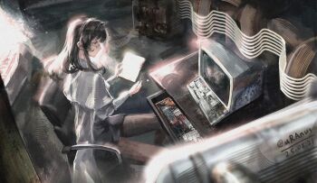 1girl absurdres arknights black-framed_eyewear black_hair black_hairband chair coat commentary_request computer computer_keyboard glasses hairband highres holding holding_paper industrial_pipe lab_coat long_sleeves looking_at_object medium_hair on_chair pantyhose paper pliers priestess_(arknights) round_eyewear semi-rimless_eyewear skirt solo spread_legs toolbox tools under-rim_eyewear uranus_(epmp8873) white_coat wrench