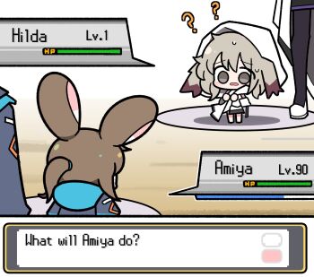 Rule 34 | 1other, 3girls, ?, amiya (arknights), animal ears, arknights, brown hair, chibi, colored tips, doctor (arknights), dress, english text, gameplay mechanics, grey eyes, hierda (arknights), highres, hood, hood up, hooded dress, malrangdonut, multicolored hair, multiple girls, nintendo, parody, pokemon, ponytail, priestess (arknights), rabbit ears, rabbit girl, white dress