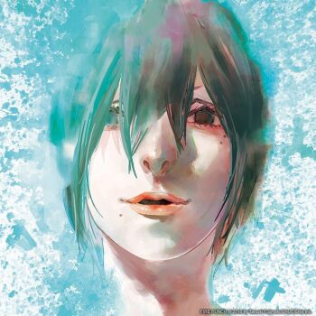 1girl artist_name black_eyes black_hair blue_theme copyright_name cover cover_page english_text expressionless fire_punch fujimoto_tatsuki hair_between_eyes looking_at_viewer manga_cover official_art parted_lips portrait second-party_source short_hair solo togata_(fire_punch)