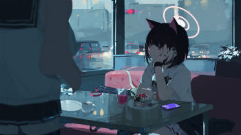 2girls absurdres animal_ears bilibalakonglijiwa black_hair blue_archive booth_seating cake cake_slice car cat_ears cat_girl cellphone clothes_around_waist colored_inner_animal_ears colored_inner_hair commentary earphones elbow_rest extra_ears food hair_ornament hairpin halo head_rest highres indoors jacket jacket_around_waist jewelry juice kazusa_(band)_(blue_archive) kazusa_(blue_archive) motor_vehicle multicolored_hair multiple_girls multiple_rings natsu_(blue_archive) phone pink_eyes pink_hair pink_halo plate pleated_skirt print_shirt restaurant ring shirt short_hair short_sleeves sitting skirt smartphone solo_focus spoon studded_choker table two-tone_hair white_shirt white_skirt window wristband