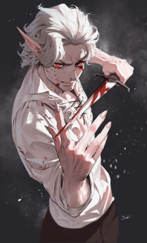 Rule 34 | 1boy, absurdres, artist name, astarion, baldur's gate, baldur's gate 3, black pants, blood, blood on clothes, blood on face, bloody knife, bloody weapon, blurry, closed mouth, cowboy shot, cross-laced clothes, cross-laced top, dagger, depth of field, elf, fingernails, hands up, highres, holding, holding dagger, holding knife, holding weapon, knife, lips, looking at viewer, male focus, ori dal, pants, pointy ears, red eyes, sharp fingernails, shirt, short hair, sidelocks, sleeves rolled up, smile, solo, weapon, white hair