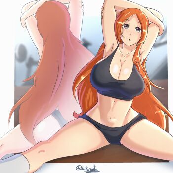 1girl alternate_eye_color arms_behind_head artist_name bleach border breasts collarbone commentary english_commentary female_focus gym_shorts inoue_orihime knee_socks large_breasts long_hair looking_at_viewer navel orange_hair saiiko shorts simple_background spread_legs stomach stretching white_border