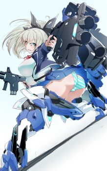 1girl armored_boots ass black_bow black_ribbon blonde_hair blue_eyes blue_jacket blue_panties blue_skirt boots bow breasts commentary_request dual_wielding gun hair_bow hair_ribbon highres holding holding_gun holding_weapon jacket kaze_(starward) large_breasts long_sleeves looking_at_viewer looking_back mecha_musume mechanical_legs miniskirt neck_ribbon panties pantyshot pleated_skirt ponytail red_ribbon ribbon school_uniform shirt skirt solo starward striped_clothes striped_panties teeth underwear weapon white_shirt