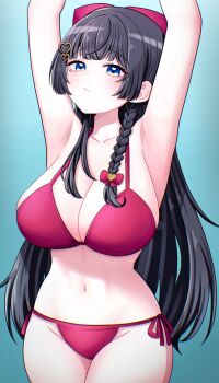 1girl aqua_background armpits arms_up bikini black_hair blue_eyes bow braid breasts chromatic_aberration closed_mouth commentary_request cowboy_shot gradient_background hair_bow hair_ornament hair_over_shoulder heart heart_hair_ornament highres huge_breasts jpeg_artifacts korean_commentary long_hair navel red_bikini red_bow shirayuki_hina side-tie_bikini_bottom side_braid solo standing stellive stomach straight_hair string_bikini swimsuit very_long_hair virtual_youtuber wallaby82walla