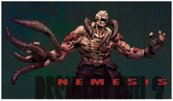 1boy black_gloves character_name fingerless_gloves gloves highres nemesis_(resident_evil) no_shirt one-eyed open_mouth resident_evil resident_evil_3:_nemesis sharp_teeth simple_background teeth tentacles vitaliy_shushko