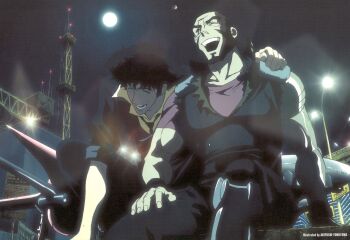 Rule 34 | 2boys, akitoshi yokoyama, beard, cowboy bebop, facial hair, full moon, happy, highres, jet black, laughing, moon, multiple boys, muscular, muscular male, one eye closed, open mouth, prosthesis, prosthetic arm, scar, scar across eye, scar on face, sitting, spike spiegel, swordfish ii, teeth, upper teeth only