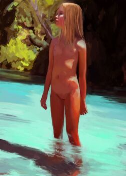 1girl arms_at_sides blonde_hair commentary completely_nude curiosabasiation day diana_(pragmata) english_commentary flat_chest lips loli long_hair looking_to_the_side navel nipples nude partially_submerged pragmata pussy reflection reflective_liquid river rock solo stream tree uncensored water