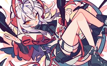 +_+ 1girl antenna_hair arknights black_shirt black_shoes black_shorts blush_stickers commentary crop_top demon_girl demon_horns explosion foot_out_of_frame horns jacket knees_up looking_at_viewer multicolored_hair off_shoulder open_mouth red_hair red_jacket shirt shoes short_hair shorts sidelocks smile solo streaked_hair thigh_strap w_(arknights) white_hair wis&#039;adel_(arknights) yellow_eyes ym_dpl