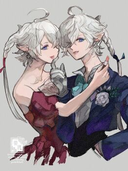 ahoge alisaie_leveilleur alphinaud_leveilleur aqua_bow aqua_bowtie bare_shoulders blue_eyes blue_jacket bow bowtie brother_and_sister collared_shirt corsage cosmetics detached_sleeves dress earrings elezen elf eyeshadow final_fantasy final_fantasy_xiv gloves grey_background hair_over_one_eye hand_in_pocket hand_on_another's_chin holding holding_lipstick_tube jacket jewelry lipstick_tube makeup pink_lips pointy_ears red_dress shirt short_hair_with_long_locks siblings twins upper_body white_gloves white_shirt zerou_pan