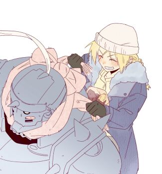 Rule 34 | 2boys, 3bivl, adjusting another's clothes, alphonse elric, armor, black gloves, blonde hair, blue coat, blush, blush stickers, braid, brothers, closed eyes, coat, edward elric, from above, full armor, fullmetal alchemist, gloves, grin, hair between eyes, hat, highres, long hair, male focus, multiple boys, parted bangs, parted lips, pink scarf, plate armor, plume, scarf, shoulder spikes, siblings, single blush sticker, single braid, smile, spikes, upper body, white background, white eyes, white hat, winter, winter clothes, winter coat