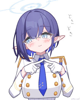 Rule 34 | 1girl, absurdres, aiguillette, aoi (blue archive), averting eyes, bespectacled, blue archive, blue eyes, blue halo, blue necktie, blush, breasts, buttons, closed mouth, commentary request, double-breasted, earclip, epaulettes, glasses, gloves, halo, highres, index fingers together, jacket, large breasts, long sleeves, necktie, pointy ears, purple hair, rimless eyewear, s9uirrel, short hair, simple background, smile, solo, translation request, white background, white gloves, white jacket