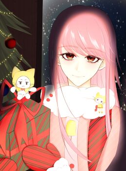 absurdres bell brown_eyes character_doll chinese_commentary christmas_lights christmas_ornaments christmas_tree closed_mouth commentary_request dark doll doorway eyelashes fur-trimmed_mittens fur_scarf fur_trim happy highres indoors jacket light_blush lips long_hair long_sidelocks looking_at_viewer mittens momo_(nikki) night nikki_(nikki) nikki_(series) open_clothes open_jacket pink_hair pink_lips pink_shirt red_mittens scarf shirt sidelocks smile snowing straight_hair striped_clothes striped_mittens stuffed_animal stuffed_cat stuffed_toy swept_bangs tuantuan_zai_ban_lan vignetting white_scarf winter_clothes