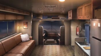 air_conditioner cabinet car_interior couch fire_extinguisher glowing highres loft_bed night no_humans non-web_source official_art our_life our_life:_beginnings_and_always photo_(object) pillow recreational_vehicle refrigerator scenery sink sticky_note tile_floor tiles variant_set window_light
