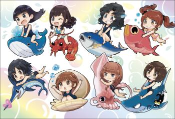 amagami artist_request ayatsuji_tsukasa bikini black_hair black_one-piece_swimsuit blue_bikini blue_one-piece_swimsuit brown_hair chibi clam commentary_request competition_swimsuit fish highres lobster long_hair morishima_haruka nakata_sae nanasaki_ai one-piece_swimsuit pink_bikini riding riding_animal sakurai_rihoko school_swimsuit shark short_hair squid swimsuit swordfish tachibana_miya tanamachi_kaoru third-party_source twintails wavy_hair whale