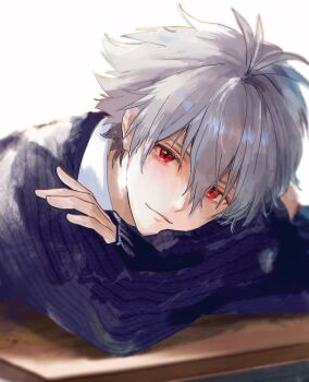 Rule 34 | 1boy, black sweater, closed mouth, collared shirt, crossed arms, double-parted bangs, grey hair, hair between eyes, hashtag-only commentary, highres, light smile, long sleeves, male focus, nagisa kaworu, neon genesis evangelion, red eyes, shirt, simple background, sleeves past wrists, soraaaa53, sweater, white background, white shirt, wing collar