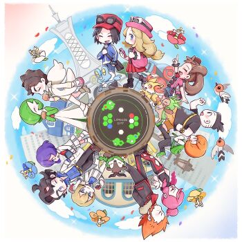 5girls 6+boys professor_sycamore bag bird black-framed_eyewear black_hair blonde_hair blue_sky border bread brown_hair calem_(pokemon) chespin closed_eyes cloud commentary_request dexio_(pokemon) diantha_(pokemon) eating eyewear_on_headwear falling_petals fennekin flabebe fletchling flying food froakie gardevoir gen_3_pokemon gen_6_pokemon goat gohan_(horth-waribasi) green_bag handbag hat highres holding holding_bag holding_food jumping legendary_pokemon location_name long_hair lumiose_city lysandre_(pokemon) malva_(pokemon) multiple_boys multiple_girls nintendo open_mouth petals pink_bag pink_headwear pleated_skirt pokemon pokemon_center pokemon_xy red_skirt round_image running serena_(pokemon) shauna_(pokemon) shoulder_bag sina_(pokemon) skiddo skirt sky smile sunglasses tierno_(pokemon) tower trevor_(pokemon) walking white-framed_eyewear white_border zygarde zygarde_cell zygarde_core