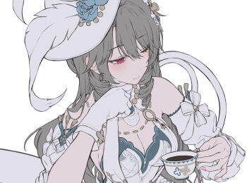 alternate_costume bare_shoulders breasts cleavage closed_mouth cup fingernails gloves grey_hair hair_ornament hand_up hat hat_feather highres holding holding_cup honkai_(series) honkai_impact_3rd long_hair looking_ahead medium_breasts neon_(pixiv_31150749) official_alternate_costume one_eye_closed pink_eyes simple_background single_glove sitting teacup unfinished vita_(honkai_impact) white_background white_gloves white_hat