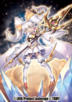 1girl bow copyright_notice detached_sleeves hair_bow high_heels holding holding_polearm holding_weapon ishibashi_yosuke looking_at_viewer official_art polearm skirt sky solo space spear star_(sky) starry_sky tama_(wixoss) twintails weapon white_bow white_eyes white_hair white_skirt white_sleeves wixoss yellow_bow