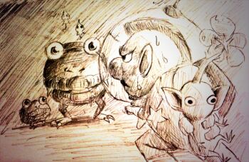 Rule 34 | 1boy, backpack, badge, bag, big nose, charlie (pikmin), commentary request, creature, drooling, dwarf bulbear, fang, fang out, fighting, furrowed brow, ghost, gloves, greyscale, helmet, holding, holding creature, looking at creature, male focus, mohawk, monochrome, nervous sweating, nintendo, photo (medium), pikmin (creature), pikmin (series), pikmin 3, radio antenna, shadow, short hair, space helmet, spacesuit, spotty bulbear, star (symbol), sweat, traditional media, very short hair, whistle, yamato koara, yellow pikmin