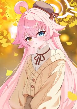 1girl ahoge alternate_costume autumn_leaves baggy_clothes blue_archive blue_eyes blurry blurry_background blush brown_hat brown_sweater buttons closed_mouth collared_shirt commentary crossed_bangs falling_leaves hair_between_eyes halo hat heterochromia highres hoshino_(blue_archive) leaf long_hair long_sleeves looking_down neck_ribbon pink_hair pink_halo pout ribbon shirt solo sweater teeth ttriwk upper_teeth_only white_shirt yellow_eyes