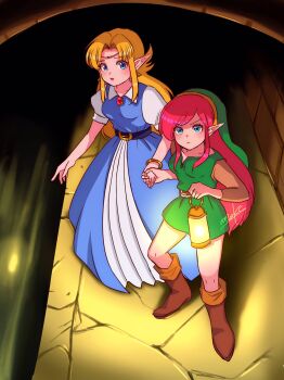 2girls belt blonde_hair blue_eyes boots brown_footwear dress dungeon earrings genderswap genderswap_(mtf) hat highres holding_hands indoors jewelry lantern link link_(shounen_captain) long_hair long_sleeves multiple_girls nintendo nonoworks pink_hair pointy_ears princess_zelda sidelocks signature the_legend_of_zelda the_legend_of_zelda:_a_link_to_the_past tunic