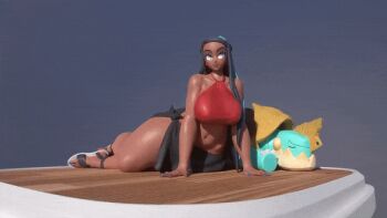 1girl 3d animated animated_gif ass bikini blue_hair blue_nails breasts curvy dark-skinned_female dark_skin drednaw gen_8_pokemon hand_on_floor high_heels huge_ass large_breasts long_hair lying multicolored_hair nail_polish nessa_(pokemon) nintendo on_ground on_side pokemon pokemon_swsh simple_background solo swimsuit thick_thighs thighs usukeninja wide_hips