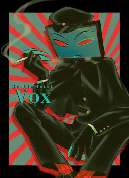 1boy absurdres alternate_costume aqua_eyes between_legs black_border black_capelet black_hat black_jacket black_pants black_shoes blue_teeth border buttons capelet character_name chromatic_aberration cigarette clenched_teeth colored_sclera colored_teeth commentary_request copyright_name feet_out_of_frame fewer_digits film_grain gakuran gold_buttons grey_background halftone halftone_background hand_between_legs hand_up hat hazbin_hotel hellaverse highres holding holding_cigarette jacket knees_apart_feet_together layered_sleeves long_sleeves looking_to_the_side male_focus menma_(enaic31) object_head outside_border pants red_background red_sclera red_socks ribbed_socks school_uniform sharp_teeth shirt shoes signature simple_background sitting smoke socks solo teeth television twitter_username two-tone_background v-shaped_eyebrows vox_(hazbin_hotel) watermark white_shirt