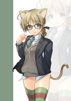 1girl absurdres ahoge animal_ears bespectacled black_jacket blazer blue_eyes braid brown_hair cat_ears cat_tail collared_shirt commentary_request dress_shirt glasses green_neckerchief green_thighhighs grey_sweater highres jacket lynette_bishop multicolored_thighhighs neckerchief panties shirt shirt_under_sweater single_braid solo strike_witches sweater tail thighhighs underwear white_panties white_shirt world_witches_series yashin_(yasinz) zoom_layer