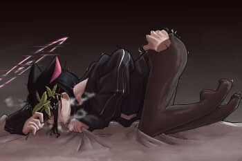 1girl 743_(743rd_bat) all_fours animal_ears black_hair black_hoodie black_pantyhose blue_archive blush cat_ears cat_girl catnip colored_inner_animal_ears colored_inner_hair disembodied_hand extra_ears flower from_side halo hand_on_another's_ass highres holding holding_flower hood hoodie kazusa_(blue_archive) multicolored_hair no_pants no_shoes open_mouth pantyhose pink_halo plantar_flexion solo solo_focus steaming_body sweat tongue tongue_out trembling uncommon_stimulation