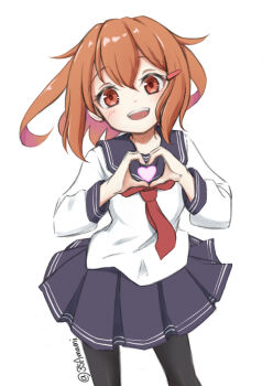 1girl black_pantyhose black_sailor_collar black_skirt blush brown_eyes brown_hair cowboy_shot hair_ornament hairclip heart ikazuchi_(kancolle) kantai_collection long_sleeves neckerchief open_mouth pantyhose pleated_skirt red_neckerchief sailor_collar school_uniform serafuku short_hair skirt smile tetsuryuu twitter_username white_background