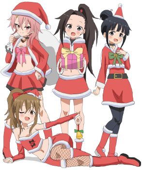 4girls bare_shoulders bell belt benisumomo black_choker black_eyes black_hair black_pantyhose boots bow brown_eyes brown_hair choker christmas closed_mouth collarbone dot_nose dress female_focus fishnets forehead full_body gift gift_bag hair_between_eyes hair_bow hair_bun hair_ornament hairclip hat highres hinagiku_(kunoichi_tsubaki_no_mune_no_uchi) holding holding_gift kunoichi_tsubaki_no_mune_no_uchi long_hair looking_at_viewer lying mokuren_(kunoichi_tsubaki_no_mune_no_uchi) multiple_girls navel one_eye_closed open_mouth pantyhose pink_hair pom_pom_(clothes) ponytail riokasen94 santa_costume santa_dress santa_hat skirt smile standing star_(symbol) tsubaki_(kunoichi_tsubaki_no_mune_no_uchi) wink