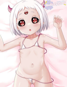 1girl artist_name bed bikini black_sclera blush censored collarbone colored_sclera confused demon_girl demon_horns dot_nose excited extra_eyes female_focus flat_chest hands_up hime-sama_&quot;goumon&quot;_no_jikan_desu horns loli looking_at_viewer lying maomao_(himesama_goumon) mosaic_censoring multicolored_bikini navel nipples on_back on_bed open_clothes open_mouth pink_bikini pointy_ears pussy pussy_peek red_eyes short_hair solo swimsuit two-tone_bikini unholysoul untied_bikini white_bikini white_hair