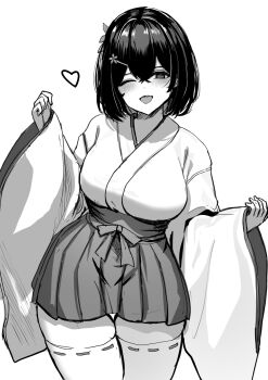 1girl ;d black_hair blush breasts commentary_request crossed_bangs grey_eyes hair_between_eyes hair_ornament hairclip hakama hakama_short_skirt hakama_skirt highres japanese_clothes kimono large_breasts liya long_hair long_sleeves looking_at_viewer monochrome one_eye_closed open_mouth original simple_background skirt smile solo standing thighhighs white_background white_kimono white_thighhighs wide_sleeves