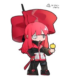 Rule 34 | 1girl, apple, arknights, black bow, black footwear, black jacket, black pants, bow, flag, food, fruit, full body, gauze over eye, golden apple, hair bow, holding, holding flag, jacket, limbus company, long hair, myrtle (arknights), nonga, pants, pink hair, project moon, shoes, sidelocks, simple background, solo, white background, yuri (project moon)