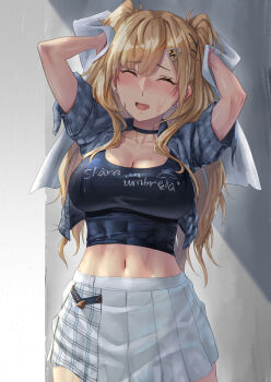 1girl absurdres black_choker black_shirt blonde_hair breasts choker closed_eyes clothes_writing commentary_request denim denim_jacket drying drying_hair drying_own_hair facing_viewer hair_ornament hairclip highres holding holding_towel jacket kantai_collection kokuzou large_breasts long_hair midriff minneapolis_(kancolle) minneapolis_(rainy_season)_(kancolle) navel official_alternate_costume open_mouth pleated_skirt shirt skirt smile solo towel two_side_up wet white_skirt