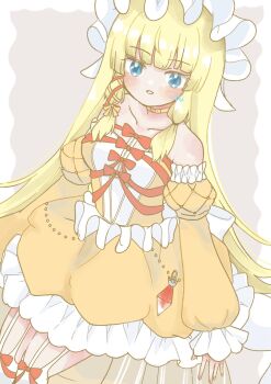 1girl adapted_costume arms_at_sides artist_name assault_lily bare_shoulders belt_collar blonde_hair blue_eyes blunt_bangs blush border bow breasts collar collarbone commentary_request cosplay detached_sleeves dress dress_bow feet_out_of_frame frilled_dress frilled_hat frilled_sleeves frills fumi_(fumifumi3axl) garter_straps grey_background hair_ribbon hat highres invisible_chair juliet_sleeves long_hair long_sleeves looking_at_viewer low-tied_sidelocks matsumura_fuuka matsumura_fuuka_(cosplay) medium_breasts mob_cap orange_dress outside_border parted_lips puffy_sleeves red_bow red_ribbon ribbon sidelocks simple_background sitting sleeves_past_wrists smile solo tachihara_sayu thigh_bow thighhighs tress_ribbon two-tone_dress very_long_hair white_border white_dress white_hat white_thighhighs yellow_collar yellow_ribbon