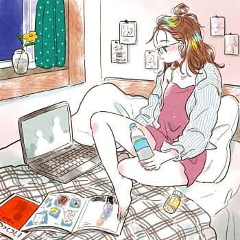 1girl ad apartment barefoot bed black_eyes blanket blush bottle brown_hair collarbone collared_shirt colored_skin computer crossed_legs curtains dress emamemamo33 fingernails flower foot_blush from_side full_body half_updo highres holding holding_bottle indoors iridescent_hair laptop long_hair long_sleeves looking_at_screen magazine_(object) on_bed original pillow pink_dress plastic_bottle polka_dot round_eyewear shirt slice_of_life solo striped_clothes striped_shirt toenails traditional_media water_bottle white_skin window