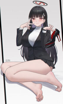 1girl bare_legs barefoot black_jacket black_shoes black_skirt blue_archive breasts feet full_body high_heels highres jacket large_breasts long_hair qizhu red_eyes rio_(blue_archive) shoes sitting skirt soles solo sweater toes unworn_shoes very_long_hair watch white_sweater wristwatch