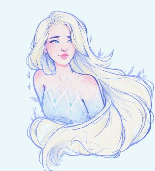 1girl artist_name bare_shoulders blonde_hair blue_background blue_dress blue_eyes closed_mouth commentary dress elsa_(frozen) english_commentary frozen_(disney) highres jansumalla long_hair looking_to_the_side pink_lips queen simple_background solo sparkle upper_body very_long_hair