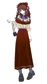 1girl adapted_costume alternate_costume arm_at_side bag black_shoes bow closed_mouth clothing_request commentary_request dot_mouth earrings expressionless full_body hair_bow hakurei_reimu hand_up handbag heel_up highres jewelry long_hair long_skirt ponytail red_bow red_skirt see-through_clothes see-through_skirt shirt shoes sideways_glance simple_background skirt solo standing touhou white_background yellow_shirt yin_yang yin_yang_earrings zenritsu