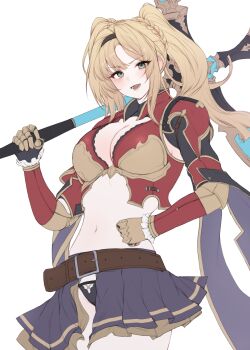 1girl absurdres armor belt black_panties blonde_hair blue_skirt boobplate braid breastplate breasts cleavage commission cowboy_shot crop_top gadeung_hye gauntlets gold_trim granblue_fantasy green_eyes hairband highres holding holding_polearm holding_weapon large_breasts long_hair looking_at_viewer midriff miniskirt navel open_mouth over_shoulder panties pauldrons pleated_skirt polearm shoulder_armor showgirl_skirt sidelocks simple_background skirt smile solo stomach twintails underwear v-shaped_eyebrows weapon weapon_over_shoulder white_background zeta_(granblue_fantasy)